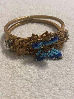 Vintage Miriam Haskell Gold-Tone Blue Beaded Butterfly Cuff Bracelet